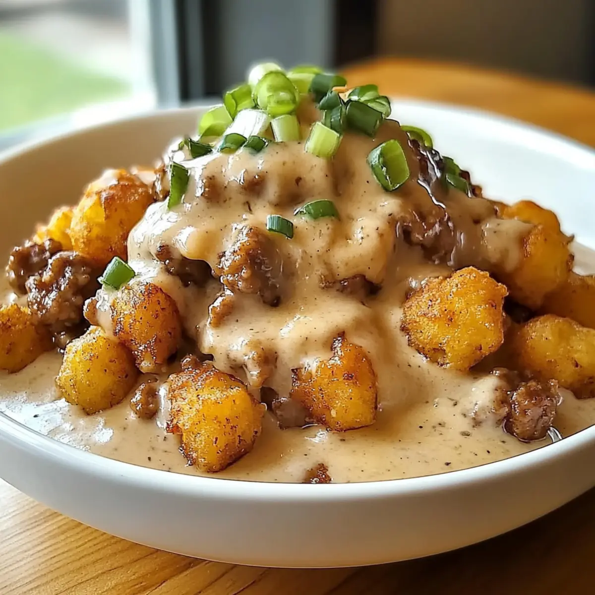 Tater Tot Frühstücksschüssel mit Wurstsoße
