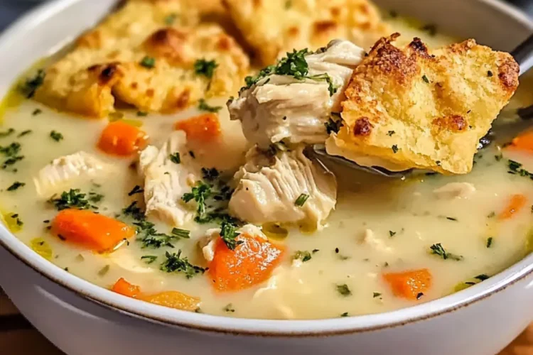 Hühnertopf-Suppe mit Cheddar-Petersilienkrustendippers Rezept