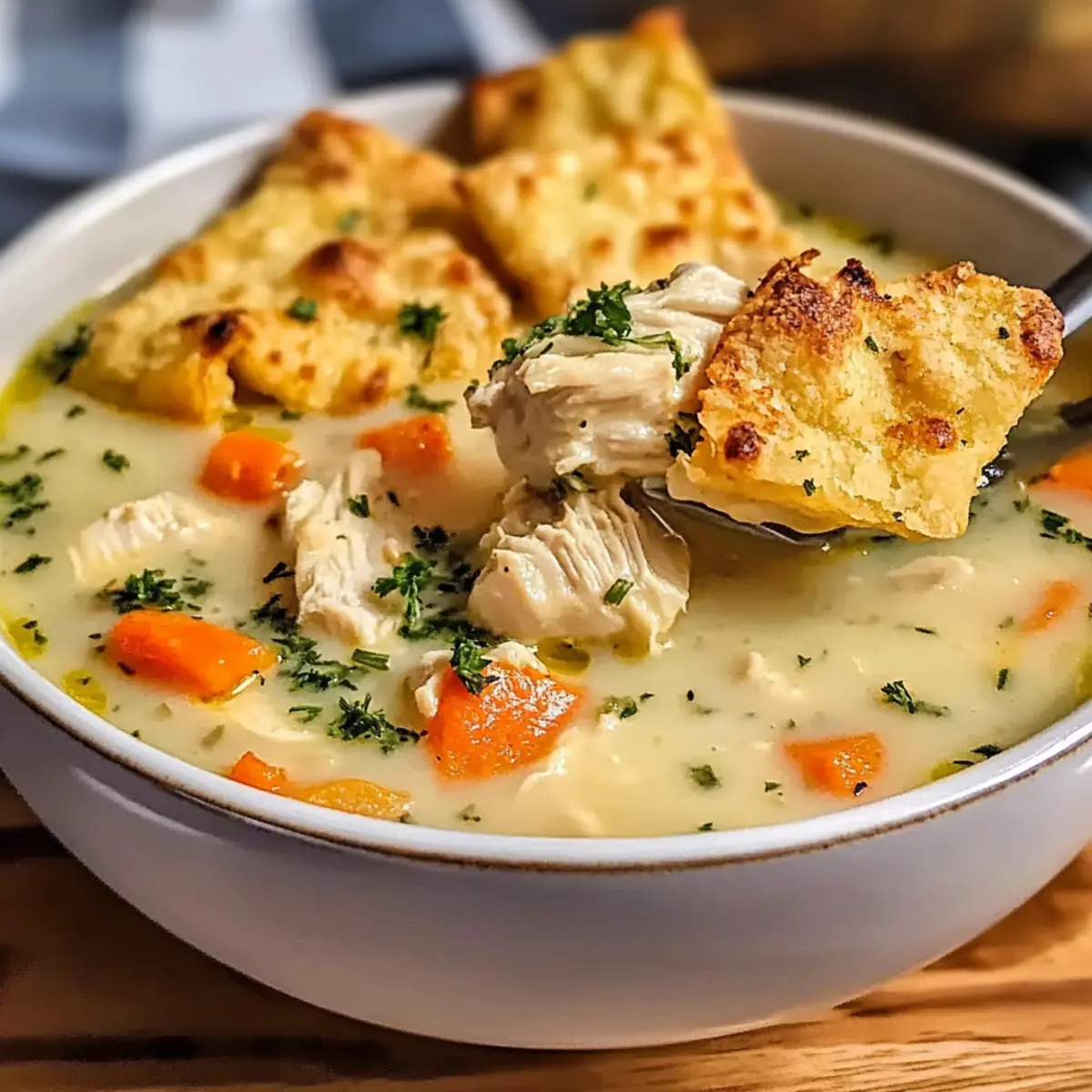 Hühnertopf-Suppe mit Cheddar-Petersilienkrustendippers Rezept