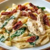 Cremige Hähnchen-Alfredo-Pasta mit getrockneten Tomaten, Spinat und Speck – Reichhaltig, Gemütlich und Unwiderstehlich