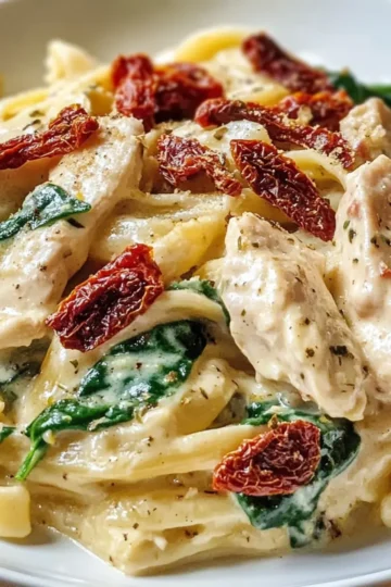 Cremige Hähnchen-Alfredo-Pasta mit getrockneten Tomaten, Spinat und Speck – Reichhaltig, Gemütlich und Unwiderstehlich