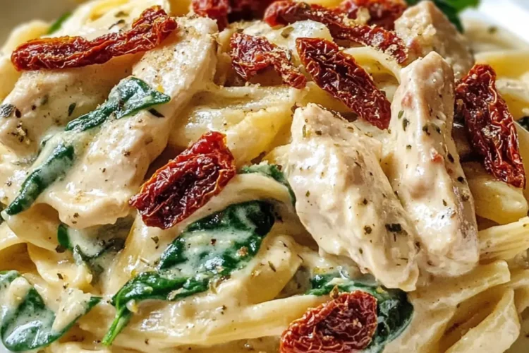 Cremige Hähnchen-Alfredo-Pasta mit getrockneten Tomaten, Spinat und Speck – Reichhaltig, Gemütlich und Unwiderstehlich