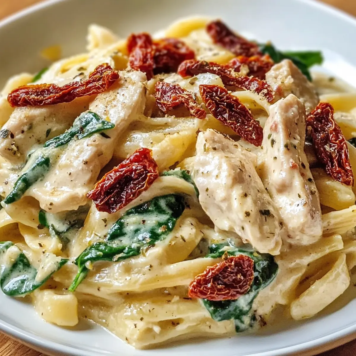 Cremige Hähnchen-Alfredo-Pasta mit getrockneten Tomaten, Spinat und Speck – Reichhaltig, Gemütlich und Unwiderstehlich
