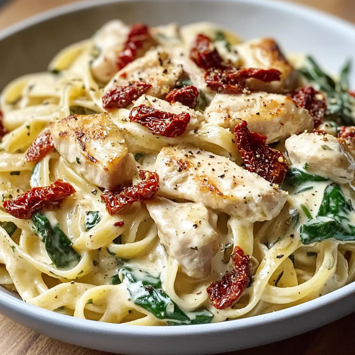 Creamy Chicken Alfredo Pasta with Sun Dried Tomatoes Spinach Bacon Rich Cozy and Irresistible uawqa6