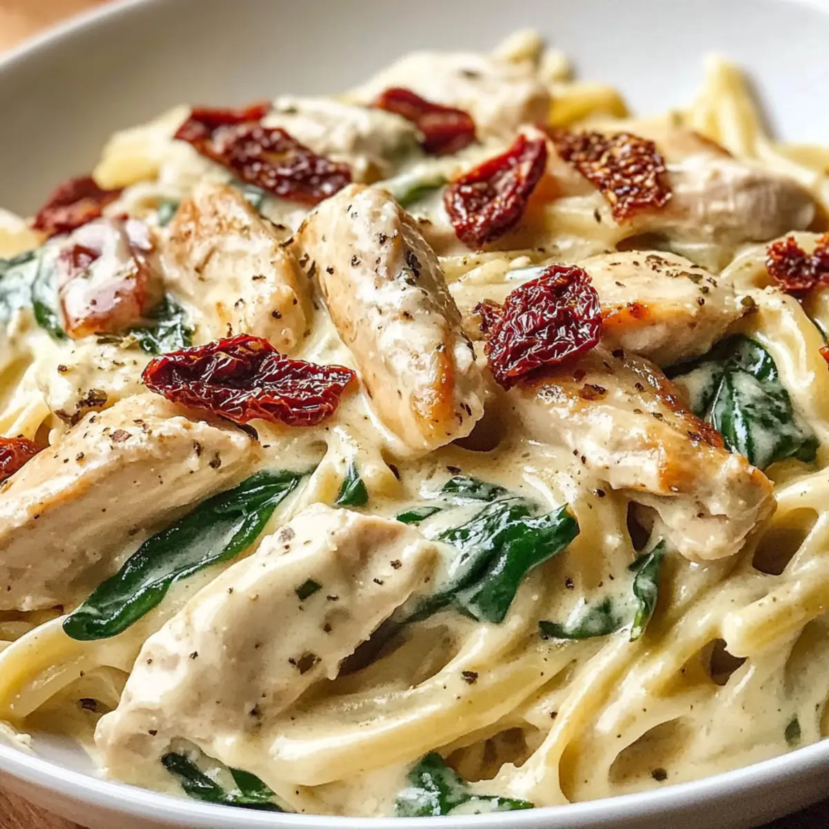 Creamy Chicken Alfredo Pasta with Sun Dried Tomatoes Spinach Bacon Rich Cozy and Irresistible vvflcg