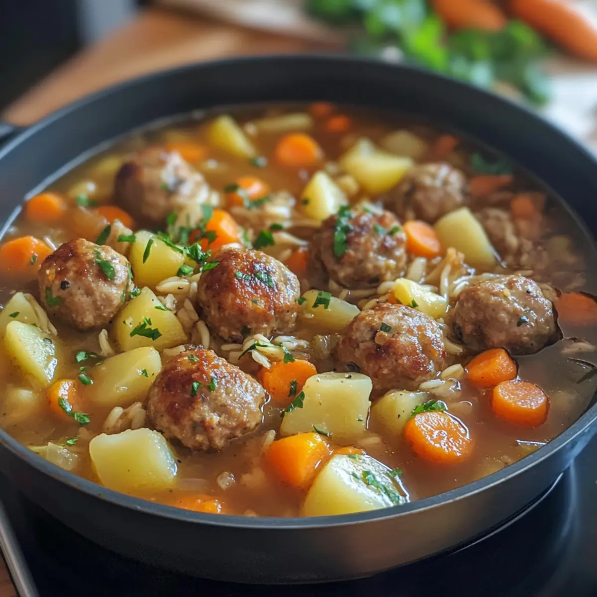 Einfacher HackbA¤llchen Eintopf mit GemA¼se und Risoni kannbw