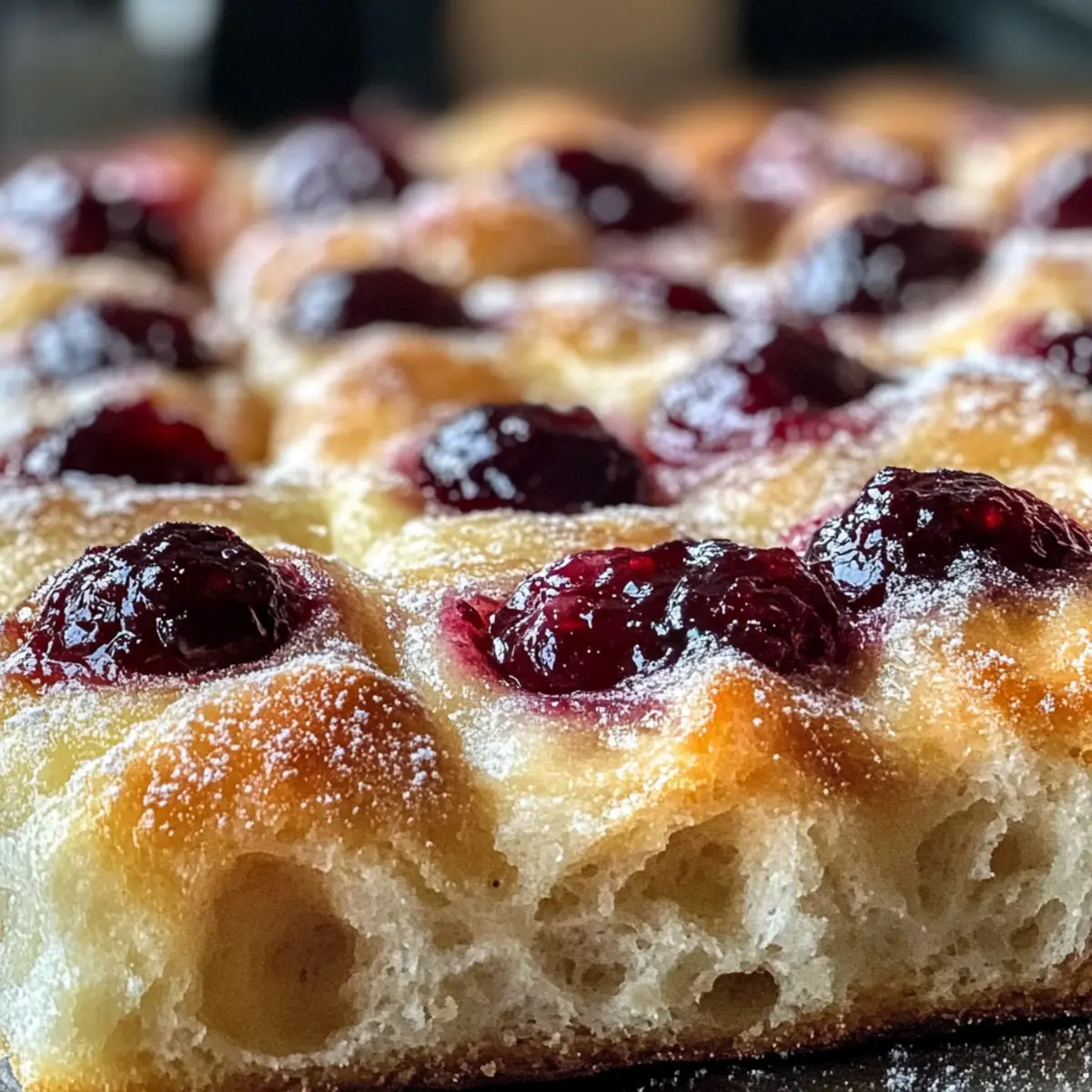 Marmeladen-Donut-Focaccia-Rezept Zutaten: - 500 g Mehl - 10 g Salz - 7 g Trockenhefe - 300 ml Wasser - 50 g Zucker - 50 ml Olivenöl - Marmelade nach Wahl - Puderzucker zum Bestäuben Anleitung: 1. Mehl, Salz und Trockenhefe in einer Schüssel vermischen. 2. Wasser und Zucker hinzufügen und gut umrühren. 3. Olivenöl einfüllen und kneten, bis der Teig geschmeidig ist. 4. Den Teig abdecken und an einem warmen Ort 1 Stunde gehen lassen. 5. Den Teig ausrollen und auf ein Backblech legen. 6. Mit einem Finger Löcher in den Teig drücken und Marmelade hineinfüllen. 7. Bei 200°C ca. 20-25 Minuten backen. 8. Aus dem Ofen nehmen und mit Puderzucker bestäuben. 9. Warm servieren.
