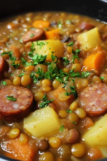 Linseneintopf mit Würstchen