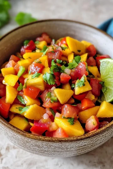 Mango Salsa Rezept Zutaten: - 2 reife Mangos, gewürfelt - 1 kleine rote Zwiebel, fein gehackt - 1 rote Paprika, gewürfelt - 1 Jalapeño, entkernt und fein gehackt - 1 Limette, Saft davon - 1/4 Tasse frischer Koriander, gehackt - Salz nach Geschmack Zubereitung: 1. In einer großen Schüssel die gewürfelten Mangos, Zwiebel, Paprika und Jalapeño vermengen. 2. Den Limettensaft und Koriander hinzufügen. 3. Mit Salz abschmecken und gut vermischen. 4. Vor dem Servieren mindestens 30 Minuten kühl stellen, damit die Aromen sich entfalten können.